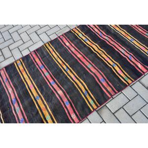 Vintage Kilim <b>Runner</b> Rug 3.3x11.3 ft (100x343 cm), Turkish <b>Black</b> Floral Rug - Product Image 5