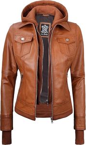 Veste à capuche pour femme en cuir d'agneau véritable, tissage uni, coupe-vent, séchage rapide, élégante et confortable - Product Image 2