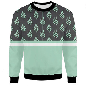 Men's Crew Neck Sweatshirt Regular Fit Printed <b>Leaf</b> Pattern Mint Green and Gray Pullover Casual Autumn Wear - Product Image 1