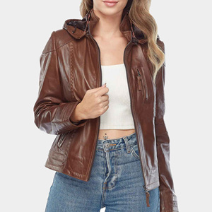 Chaqueta de cuero 2025 para mujer, abrigo de motocicleta para motorista con capucha extraíble, chaqueta de motorista de talla grande con capucha de piel de oveja, ajustada - Product Image 5
