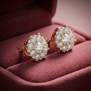 Magnifiques boucles d'oreilles clous en or rose massif 18 carats avec diamants, grappe ronde, illusion solitaire, couronne, panier, cadeau romantique pour les amoureux - Product Image 5