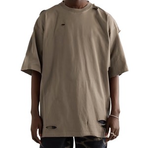 T-shirt déchiré pour homme, manches courtes, couleur unie, style streetwear, jersey, col rond, vêtement décontracté - Product Image 2