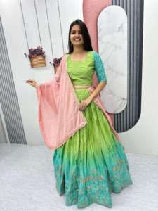 Dernière tenue de créateur Evergreen de qualité supérieure Chinon Lehenga Choli & Dupatta avec fil à broder Fabricant indien - Product Image 6