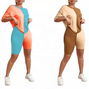 T-shirt oversize à blocs de couleurs, couture contrastante, ensemble 2 pièces pour femmes, costume, short cycliste, tenues, ensemble deux pièces - Product Image 1