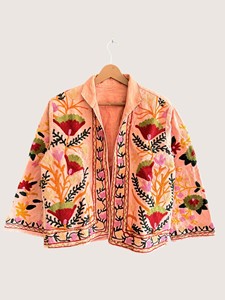 Abrigo Abierto de Invierno Ecológico con Patrón Suzani Bordado en Terciopelo Amarillo CVR, Talla Grande, Estilo Bohemio Informal para Mujer, Manga Larga - Product Image 2