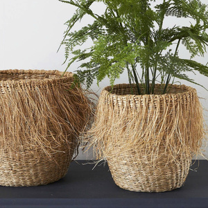 SET OF 2 ROUND FRINGED <b>SEAGRASS</b> <b>BASKET</b> WITH TASSEL UNIQUE DESIGN WHOLESALES - Product Image 1