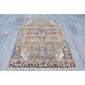 4.3x6.46 ft Turkish Rug, <b>Brown</b> Check Vintage Rug <b>Wool</b> - Product Image 1