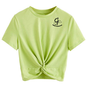 Camiseta corta de moda con cuello redondo para mujer, hombro caído con decoración de agujeros, estilo de patrón personalizado para verano - Product Image 4