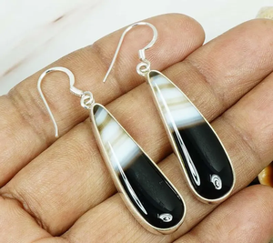 Boucles d'oreilles Agate à bandes faites à la main en argent Sterling 925 pierres précieuses naturelles forme de poire balancent bijoux cadeau de noël pour les femmes - Product Image 4
