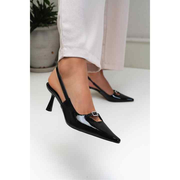 Velorina Beige Patterned Patent Leather Pointed Toe Women's Heeled Shoes