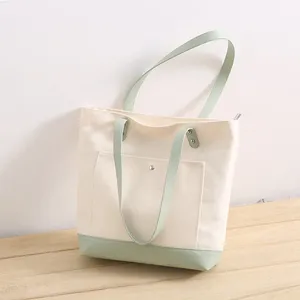 Sac à provisions en toile de coton simple personnalisable avec poignée à cordon Logo à fermeture éclair de couleur unie-pour cadeaux Sac à main à bandoulière - Product Image 6