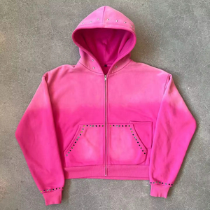 Fabricante de Ropa para Hombre, Chaqueta Corta Personalizada, Estilo Cuadrado, Color Rosa Desteñido, 500gsm, Gruesa, con Cierre, Sudadera con Capucha Personalizada con Pedrería y Lavado Ácido - Product Image 1