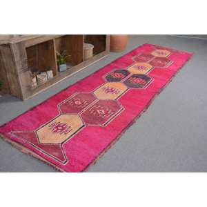 Alfombra turca Vintage Bohemia Rosa naranja 3,1x11,2 pies hecha a mano de lana Patchwork rectángulo diseño de pasillo para cabecera con respaldo de látex - Product Image 1