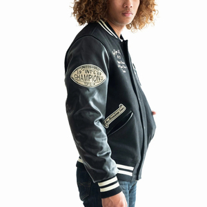 Veste de baseball en laine brodée Patchwork avec manches en faux cuir PU veste universitaire de rue haute pour hommes col montant - Product Image 4