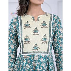 Cotton Firozi <b>Block</b> <b>Printed</b> Indian Salwar Kameez Pakistani Styled Anarkali Dress in Georgette Material Stitched Clothing - Product Image 2