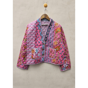 Veste en coton indien vintage faite à la main pour femmes, style bohème unique à col en V, matelassée, rayée, avec embellissements en rivets, réversible - Product Image 1