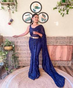 Prêt à porter broderie traditionnelle travail Banarasi Khadi Sari soie fête indienne vêtements de mariage dames prix de gros Net tissu - Product Image 5