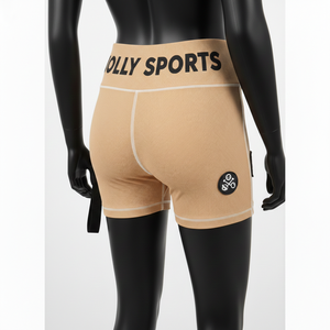 กางเกงขาสั้นออกกำลังกายผู้หญิง คุณภาพสูง 245 GSM ผ้าริบถัก โพลีเอสเตอร์ สแปนเด็กซ์ สีเบจ แต่งแถบปักโลโก้ ทรงบู้ตี้ - Product Image 5