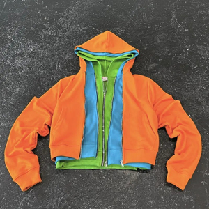 Sweat à capuche zippé multicouche personnalisé coupé et cousu 550 Gsm en coton épais vierge surdimensionné éponge lourde triple fermeture éclair - Product Image 2