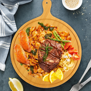 Bandeja redonda de madera para pizza con asa para servir y cortar - Product Image 5