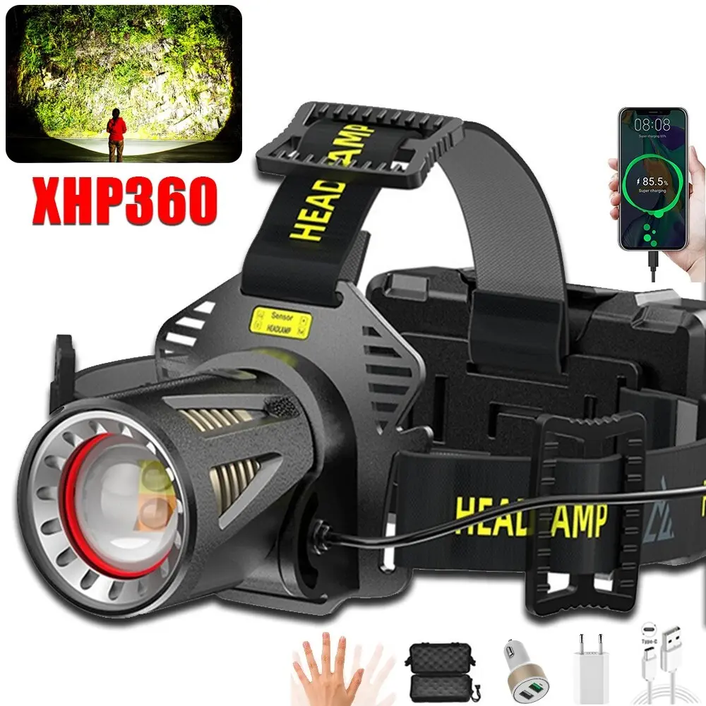 1000 lumen impermeável Cabeça lâmpada luz Tipo C 18650 ZOOM XHP360 Motion Sensor poderoso LED Farol Recarregável com banco de potência