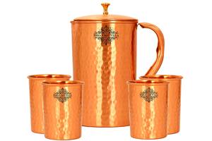 IndianArtVilla Handcrafted Pure <b>Copper</b> Hammered Design <b>Jug</b> With 4 Glass Gift Set-Drinkware Set for Storage & Serving - Product Image 2