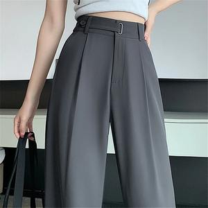 New Summer Elegant Office <b>Lady</b> Casual <b>Pants</b> Women's High Waist 100% Cotton Loose Trousers Solid Color Wide Leg - Product Image 1