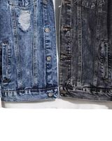 Veste en jean bicolore pour homme avec capuche, style déchiré et usé, style camionneur, boutonnée, décontractée, streetwear, en bleu et noir