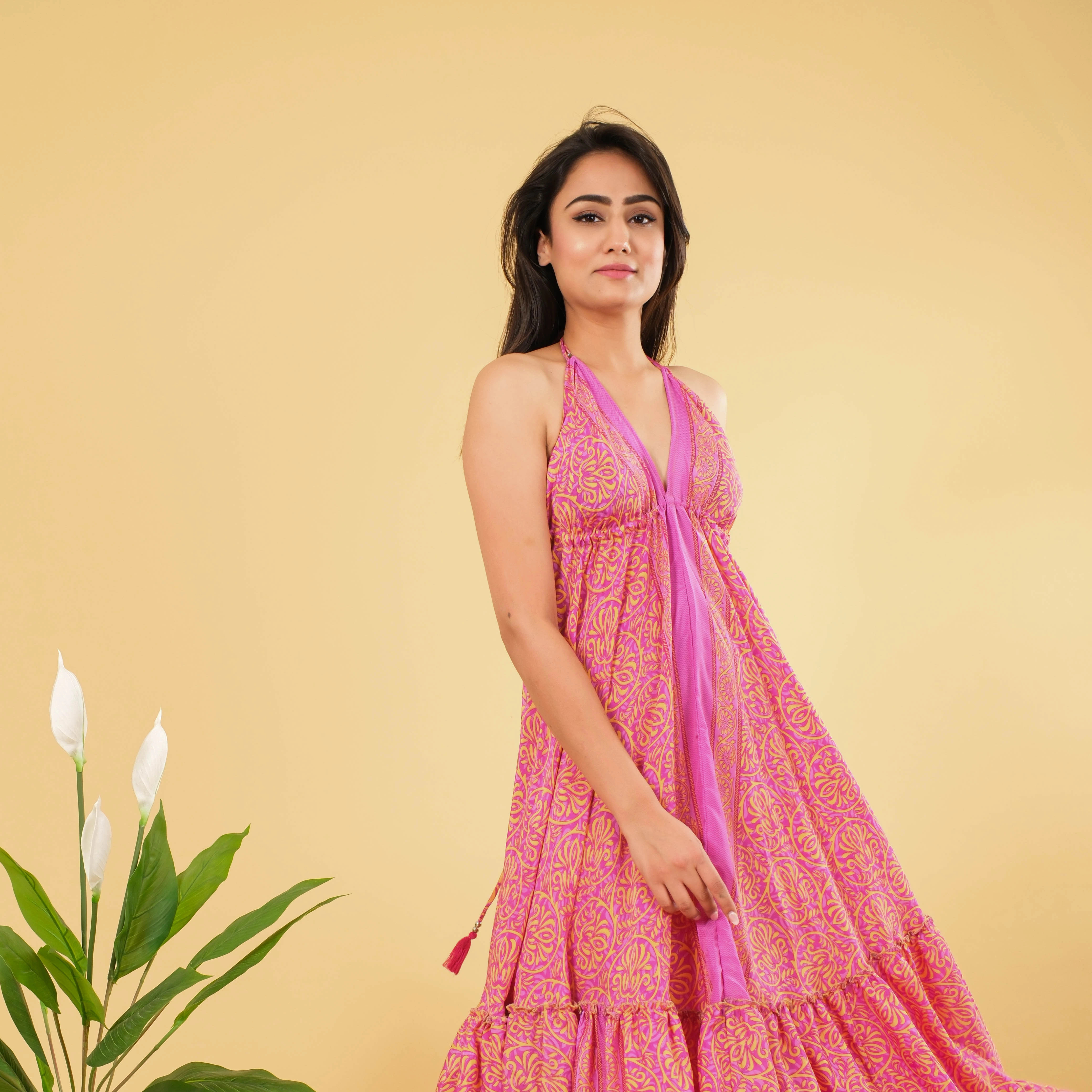 Indian Handmade Silk Floral Printed Floor-Length V-neck Formal Party Halter  Dress Summer Women's| Alibaba.com