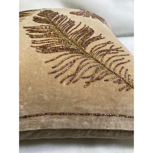 Handmade Velvet <b>Cushion</b> Cover with Beaded Plant <b>Leaf</b> Floral Embroidery for Home Bedroom Hotel Decoration - Product Image 3