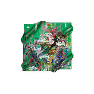 <b>Green</b> <b>Silk</b> Crepe Satin Floral Square Scarf for Summer - Product Image 1