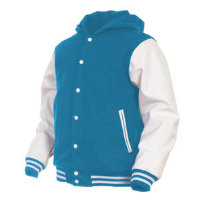 Chaqueta Unisex Estilo Universitario con Capucha Multicolor, Mangas Blancas en Contraste, Ribete Acanalado a Rayas, Botones a Presión, Moda Urbana - Product Image 3