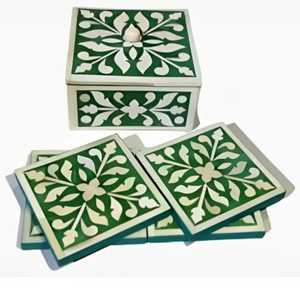 Ensemble de sous-verres élégants en noyer incrusté d'os Tapis de boisson décoratifs faits à la main au design de fleurs vertes et blanches - Product Image 1