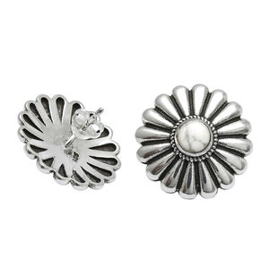 Minimalist <b>Flower</b> Design White Turquoise Round Bezel Set 925 Sterling Silver Precious Gemstone Stud Earring Jewelry for Women - Product Image 1