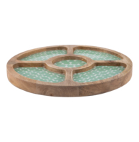 Plateau à collation rond en bois avec 5 compartiments Plateau de service décoratif en bois de manguier avec base imprimée pour fruits secs Snacks Bonbons