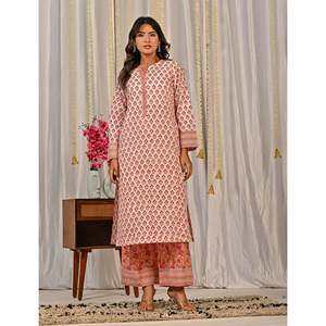 Ensemble Kurta et pantalon en coton imprimé à blocs blancs et rouges pour un usage quotidien - Product Image 3