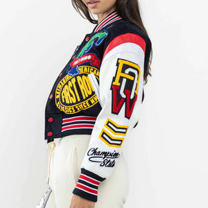 OEM Custom Chenille Embroidery Leather Sleeve Letterman Varsity Jacket for Women's Wholesale Cropped Varsity Leather Jackets - Product Image 5