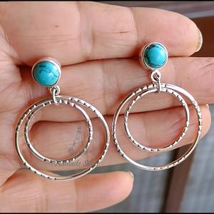 Handmade <b>Sterling</b> <b>Silver</b> Turquoise <b>Earrings</b>, Double <b>Hoop</b> Dangle Jewelry - Product Image 6