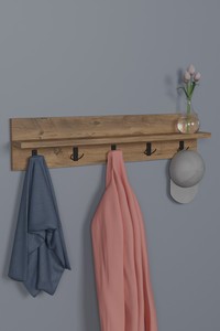 Porte-manteau mural en bois avec crochets et étagère 100x60cm, design minimaliste pour entrée, quincaillerie en fer durable - Product Image 4