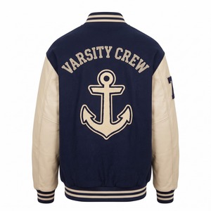 Blouson universitaire oversize à épaules tombantes, bleu marine et crème, avec patch ancre marine en chenille et manches en cuir, personnalisable style Letterman - Product Image 2