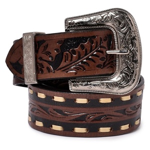 Ceinture Western Vintage Distinctive pour Homme en Cuir de Vache Bicolore Tan avec Impression par Transfert Thermique et Boucle à Broche en Acier Gravée à la Main avec Motifs Floraux - Product Image 1