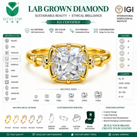 Bague en diamant de laboratoire taille coussin certifiée IGI, or jaune 18 carats, 1 carat D VVS CVD HPHT, personnalisable, vente en gros, tendance, unisexe