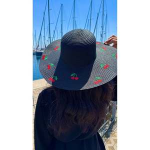 Sombrero de verano para mujer con ala ancha y bordado de cerezas negras HSR2115 - 2115black - Product Image 1