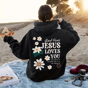 Sudadera con capucha gráfica Jesus Loves You con estampado floral diseño de algodón suave perfecto para ropa de calle inspirada en la fe y atuendo diario - Product Image 3
