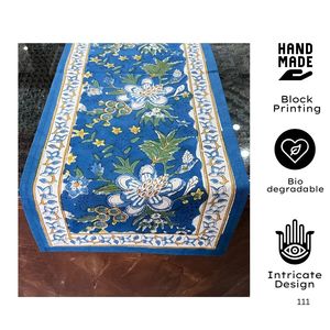 ผ้าคลุมโต๊ะทานอาหาร6-Seater สไตล์โบฮีเมียนเก๋หรูหรามาใหม่ผ้าปูโต๊ะผ้าฝ้ายพิมพ์ลายดอกไม้สีฟ้าสีเหลืองสำหรับบ้าน - Product Image 2