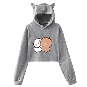 Hug Bear Print Graphic Printed Hoodie Women Fashion Kawaii Knitted Cropped <b>Cat</b> Ear Pullover Casual Long Sleeve Y2k Sweatshirt - Product Image 5