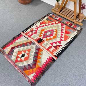 Turkish Small Rug 2.8x4.4 ft, <b>Red</b> Abstract Vintage <b>Wool</b> Rug - Product Image 1