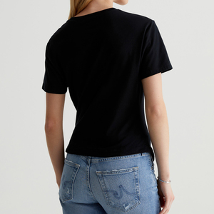 T-shirt à col rond asymétrique pour femmes en gros à manches courtes avec haut plissé T-shirts pour femmes de couleur personnalisée noire écologique - Product Image 5