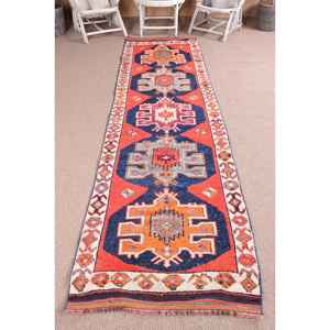 Turkish 3.1x11.5 ft Rug, <b>Runner</b> Vintage Rug, <b>Red</b> Abstract Wool Rug - Product Image 1