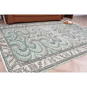 Tapis turc 6,1 x 8,8 pieds, tapis vintage, tapis en laine bleu à motifs floraux - Product Image 1